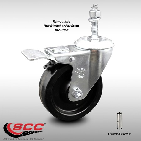 Service Caster 4 Inch SS Phenolic 3/8 Inch Threaded Stem Caster with Total Lock Brake SCC SCC-SSTSTTL20S414-PHS-381615